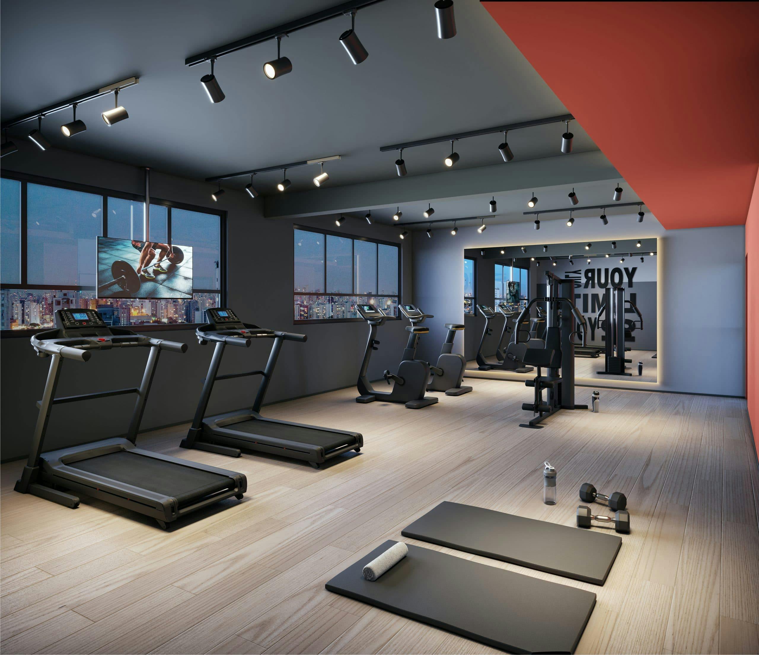 Imagem 3D do Fitness Studios com serviços