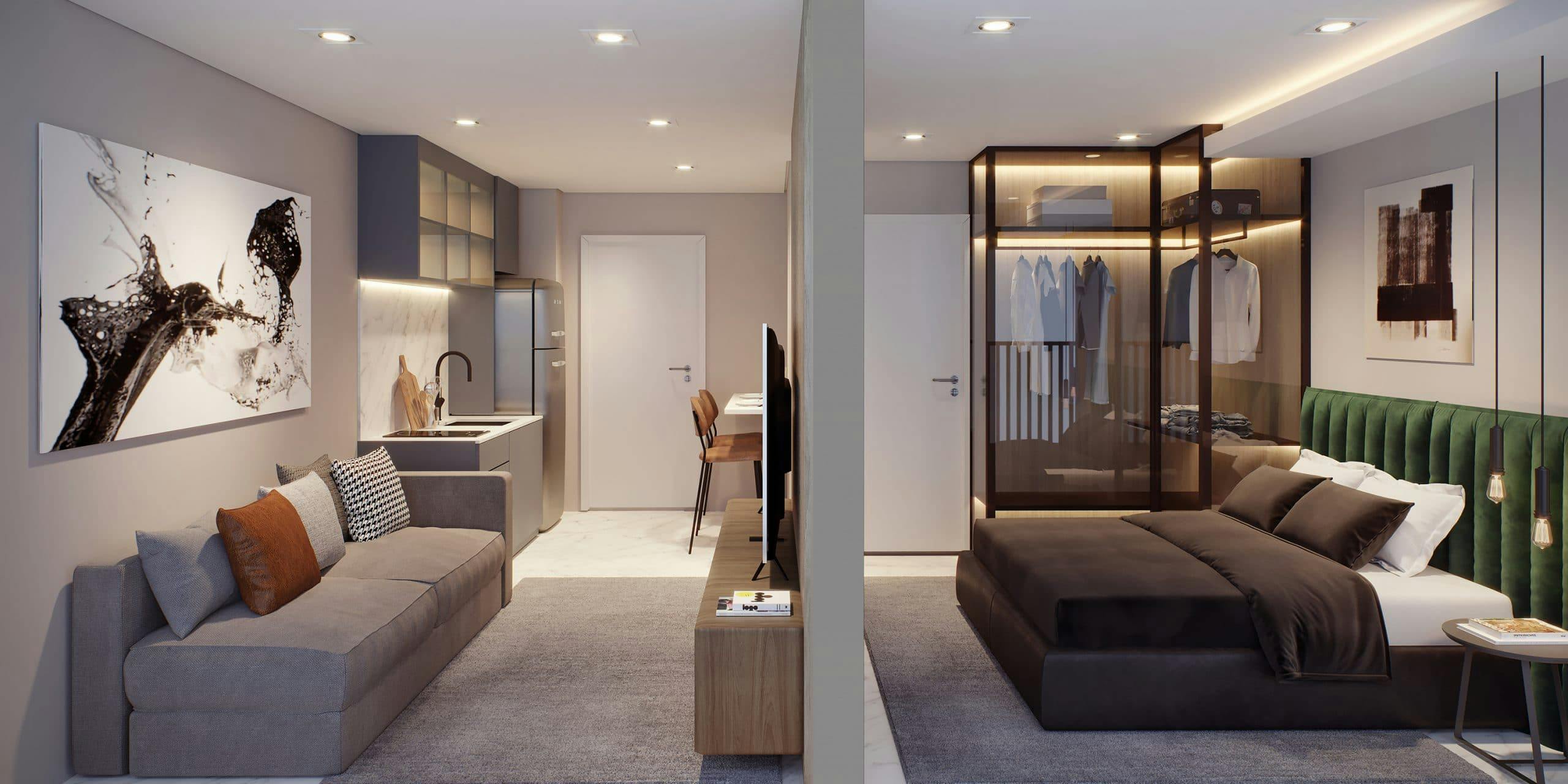 Imagem 3D do Living 1 dormitório