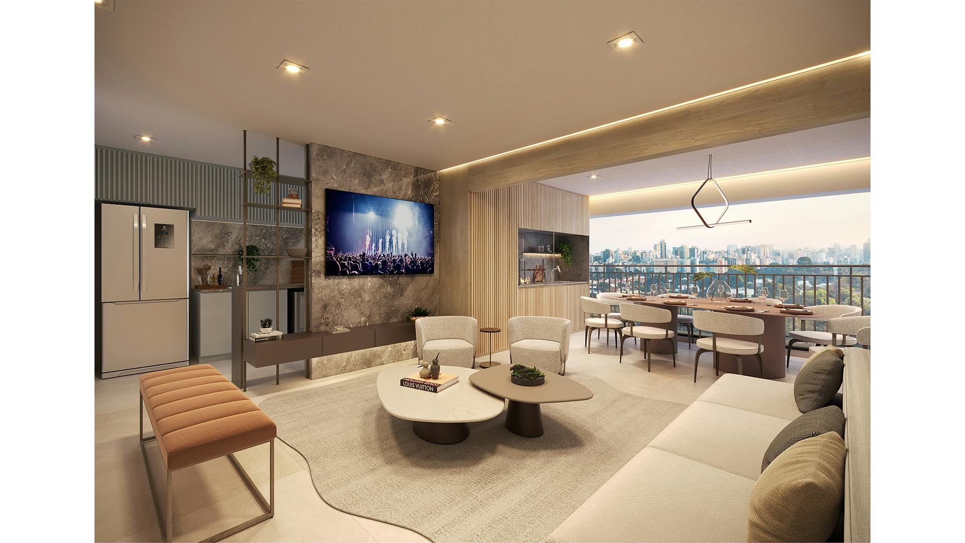 Imagem 3D do Living do Apartamento de 3 suítes da torre ML Selection