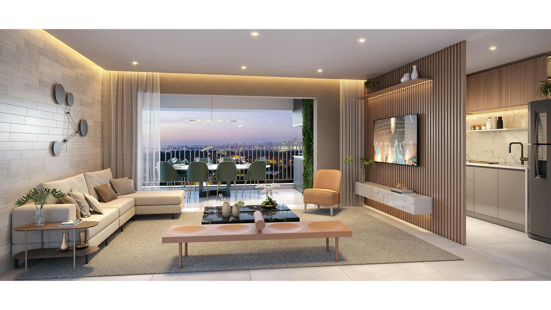 Imagem 3D do Living do Apartamento de 3 dormitórios da torre ML Selection
